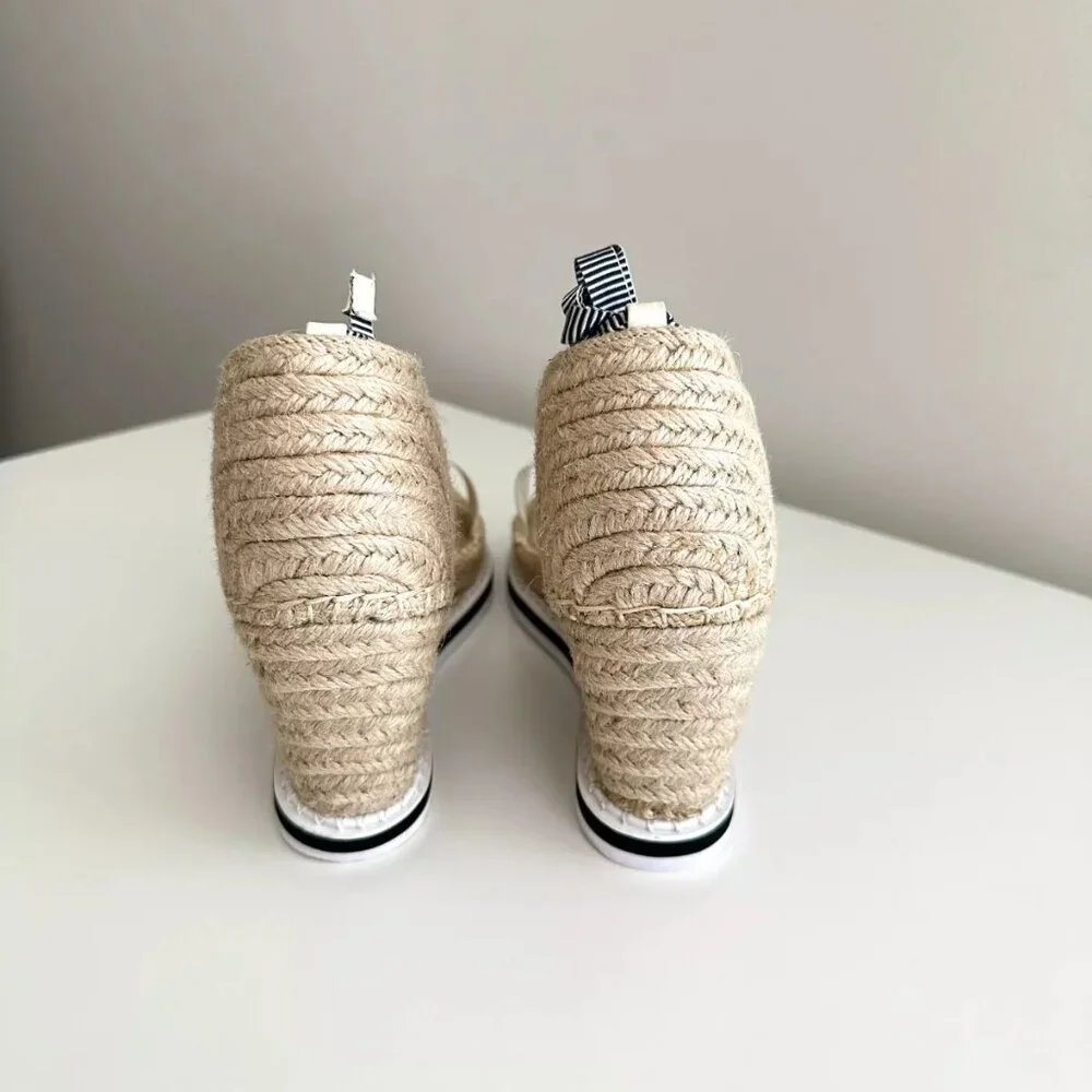 NEW TONY BIANCO Ankle Wrap Espadrille Wedge Sandals in White/Blue Stripe Size 8